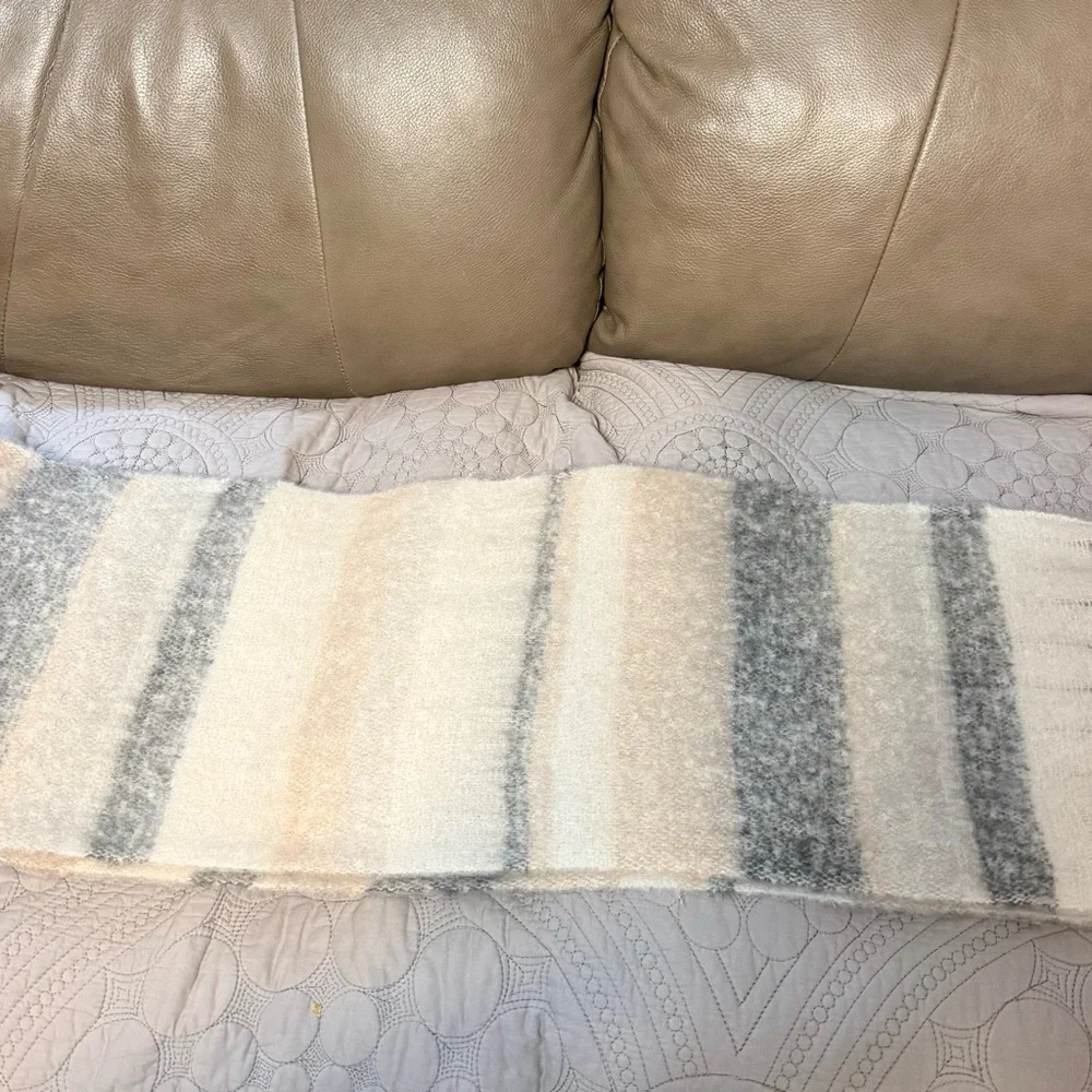 Montana Neutral Stripes Fluffy Scarf Cozy Plaid Scarf with Fringe NWOT